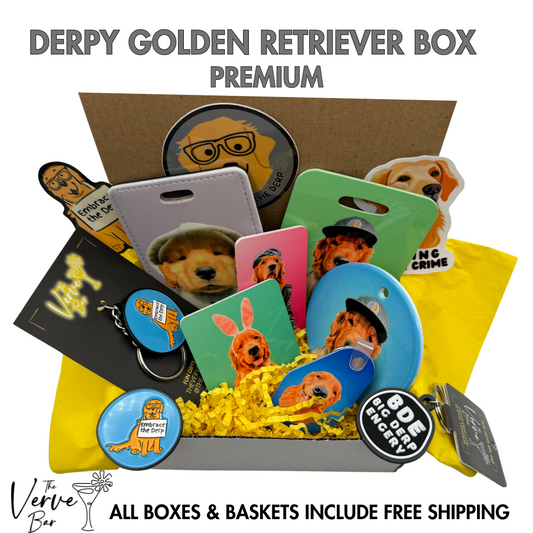 Derpy Golden Retriever Gift Basket filled with custom luggage tags, custom photo ornaments, custom pet magnets, derpy golden keychain, derpy dog pins and stickers, and more.