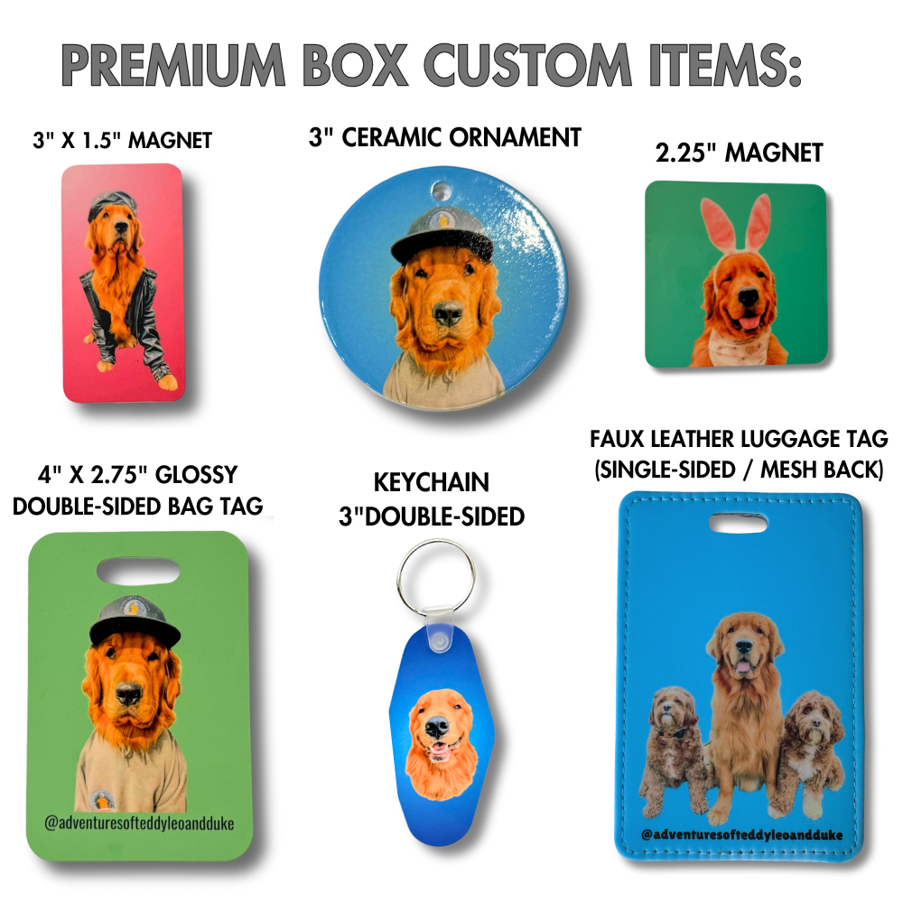 photos of custom items that come with the Derpy Golden Retriever Gift Box "Premium" - custom rectangle magnet, custom square magnet, custom ornament, custom bag tag, custom photo luggage tag, and custom pet keychain 
