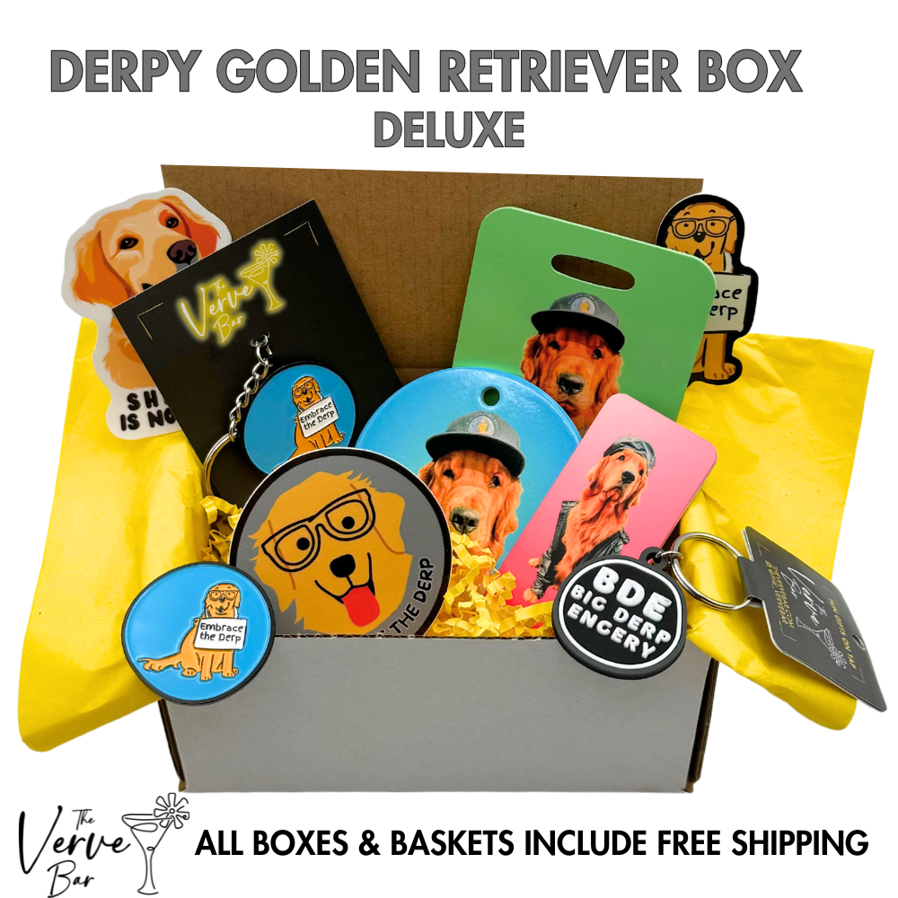 Derpy Golden Gift Box - Deluxe: filled with custom bag tag, custom ceramic ornament, custom magent, cute golden retriever keychain, derpy golden retriever pin, derpy golden retriever stickers, derpy dog tag, and more.