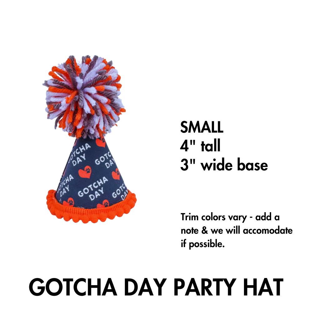 Gray, white, and orange fabric wrapped dog gotcha day hat 