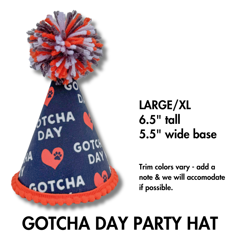 size large premium dog gotcha day hat in gray, orange, and white, with giant pom on top