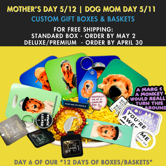 This dog mom day gift basket contains custom pet photo gifts, cute dog tags, fun dog stickers, sassy ketchain, enamel pin, custom keychain, personalized bottle opener and more. The ultimate mother's day basket!