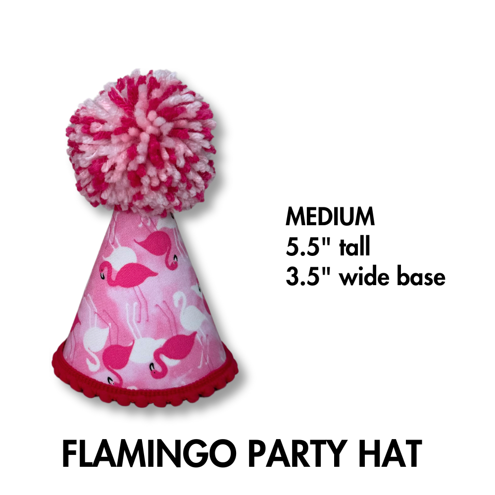 Flamingo themed size medium dog birthday hat. Very sturdy fabric wrapped premium party hat.