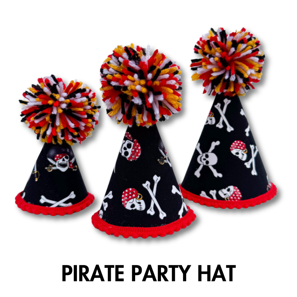 3 sizes of skull and crossbone pirate party hat for kids, dogs, or adults