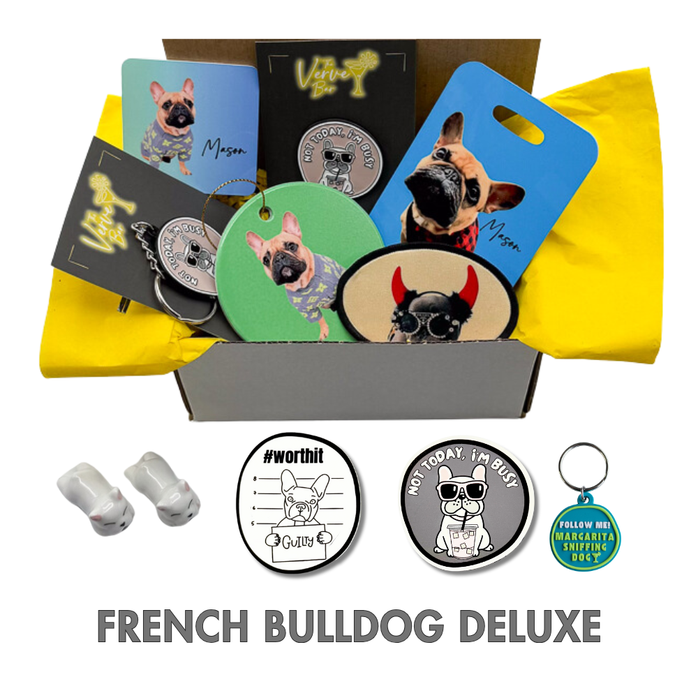 Collection of French Bulldog-themed products including keychains, magnets, and coasters in a box. Custom photo gifts too.