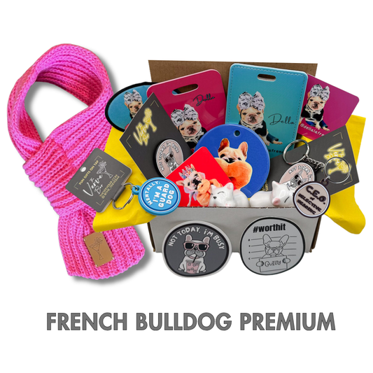 french bulldog gitt box filled with custom photo gifts such as luggage tag, ornament, magent and also Frenchi keychain, collar charm, and enamel pin. Pink scarf too
