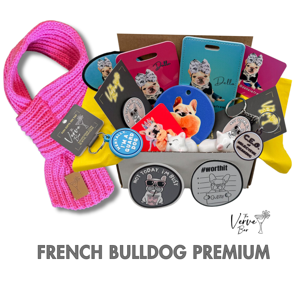 Premium gift box for the Frenchie mom who has everything! Box shown is Premium and stuffedf ull of custom photo gifts, scarf, dog tags, custom luggage tags, stickes, Frenchie keychain, Frenchie Pin, French Bulldog utensil rests and more!