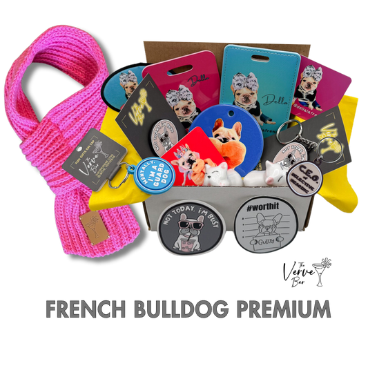 Premium gift box for the Frenchie mom who has everything! Box shown is Premium and stuffedf ull of custom photo gifts, scarf, dog tags, custom luggage tags, stickes, Frenchie keychain, Frenchie Pin, French Bulldog utensil rests and more!