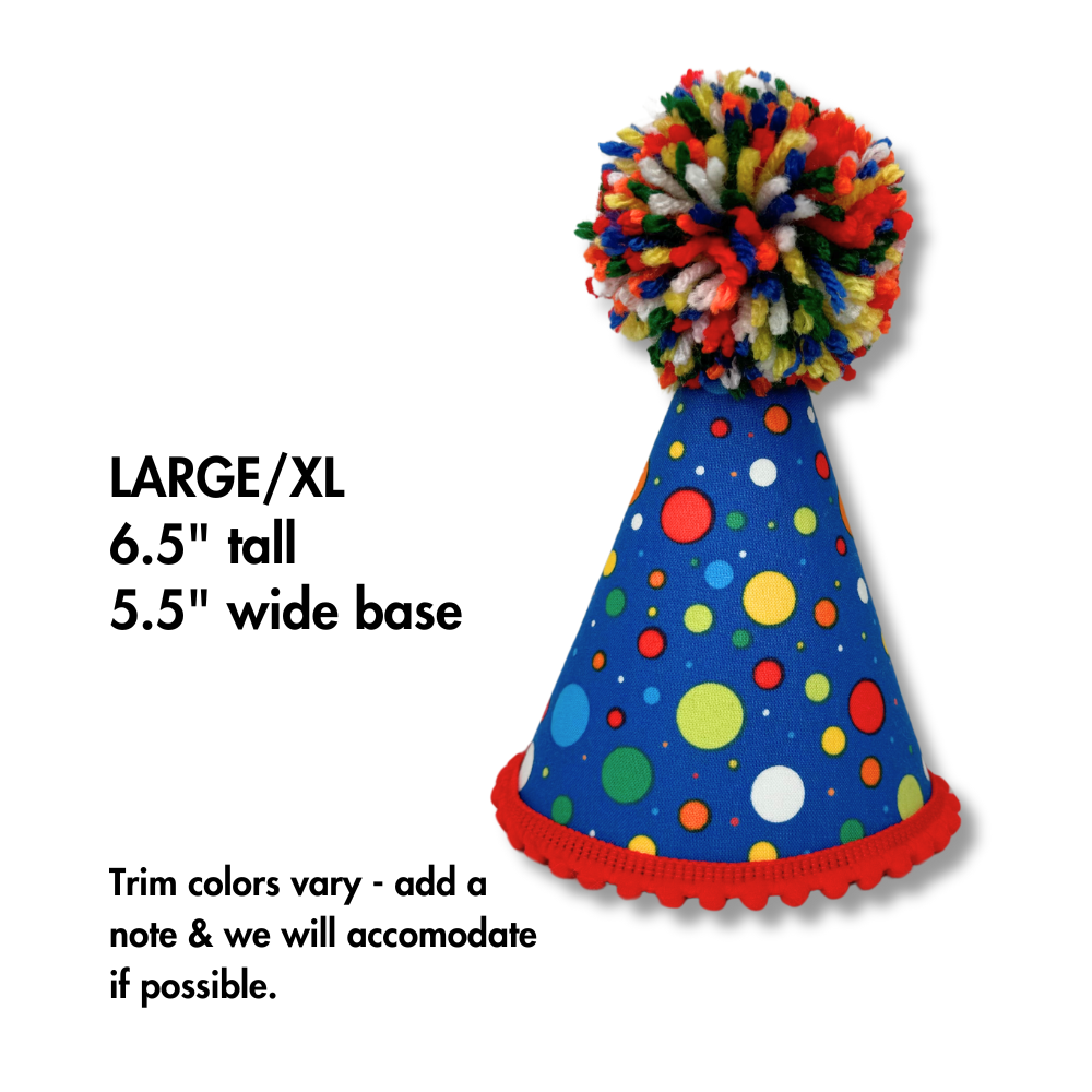 LARGE BREED PARTY HAT FOR LARGE DOGS BLUE DOTS