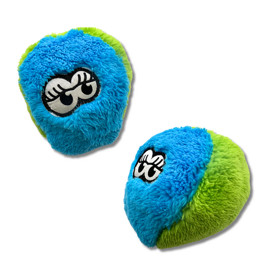 Funny blue and green plush ball dog toy with eyes. Shown from 2 angles.