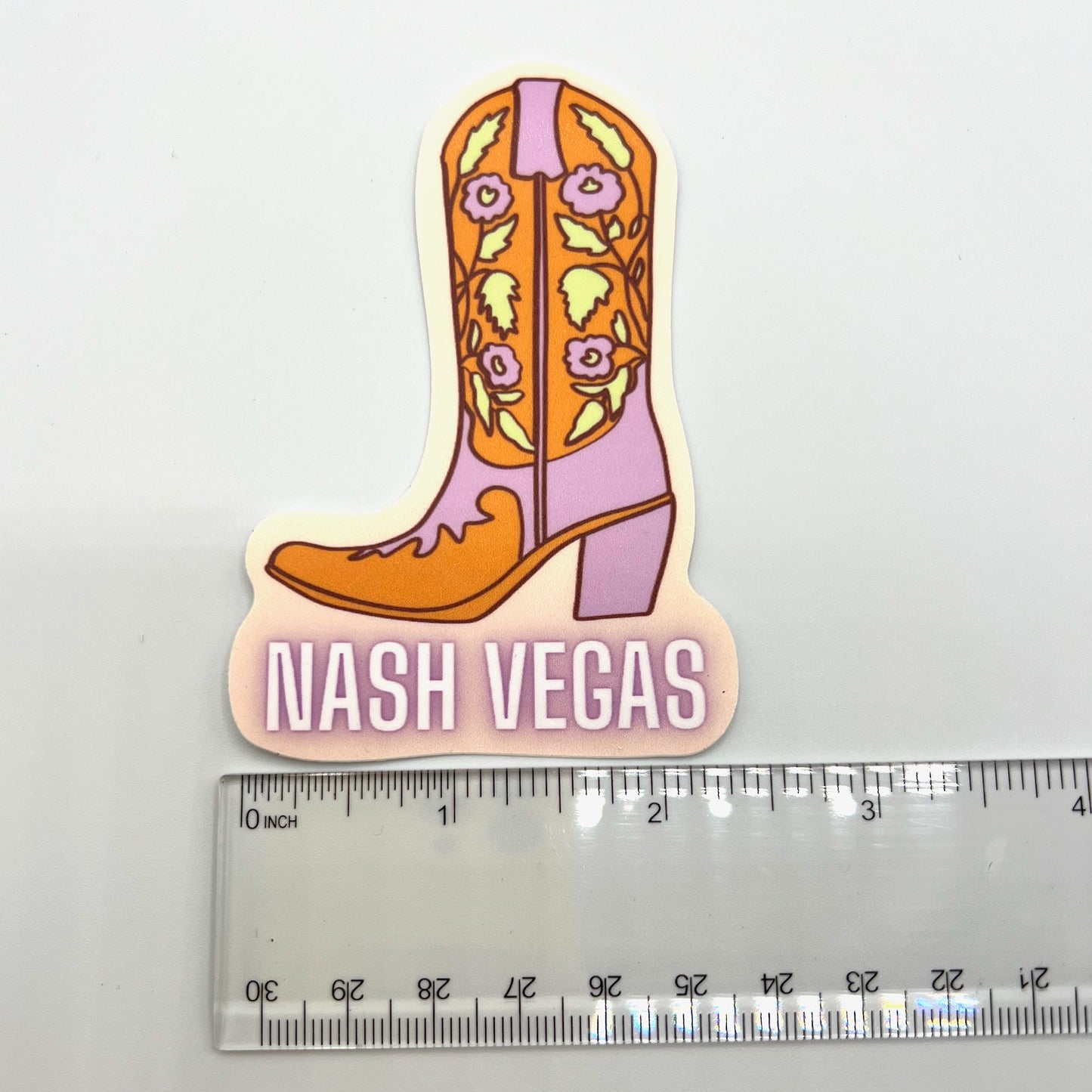 ruler showing Nash Vegas sticker is 2.25" wide
