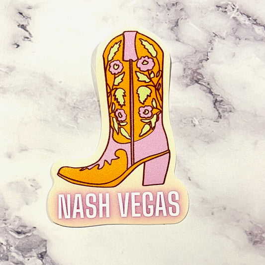 Pink and orange cowgirl boot art with title, NASH VEGAS