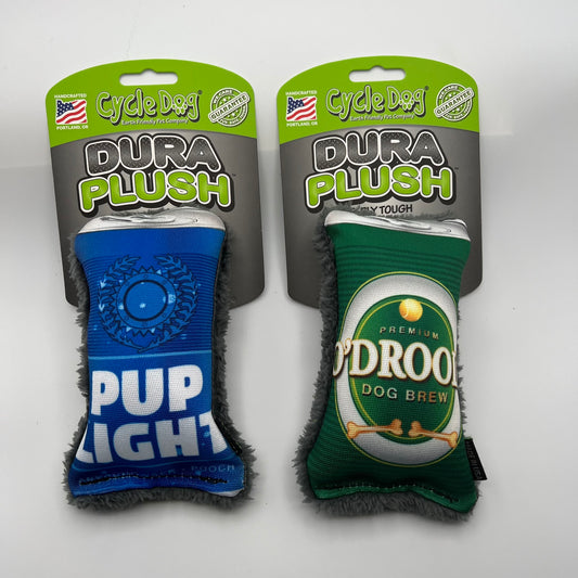 Pup Light and O'Drool's Dog Toy Beer Cans