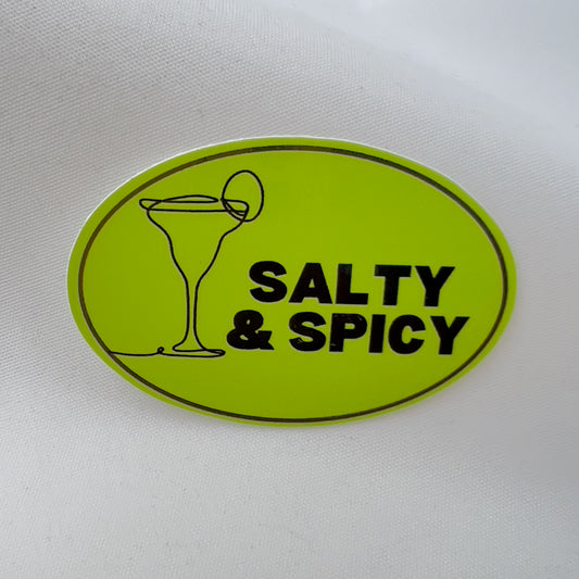 bright green oval sticker with line art of a margarita, "Salty & Spicy"