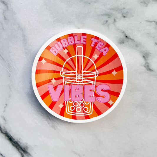 vibrant 3" round circle / orange and pink bubble tea sticker. Caption "Bubble Tea Vibes"