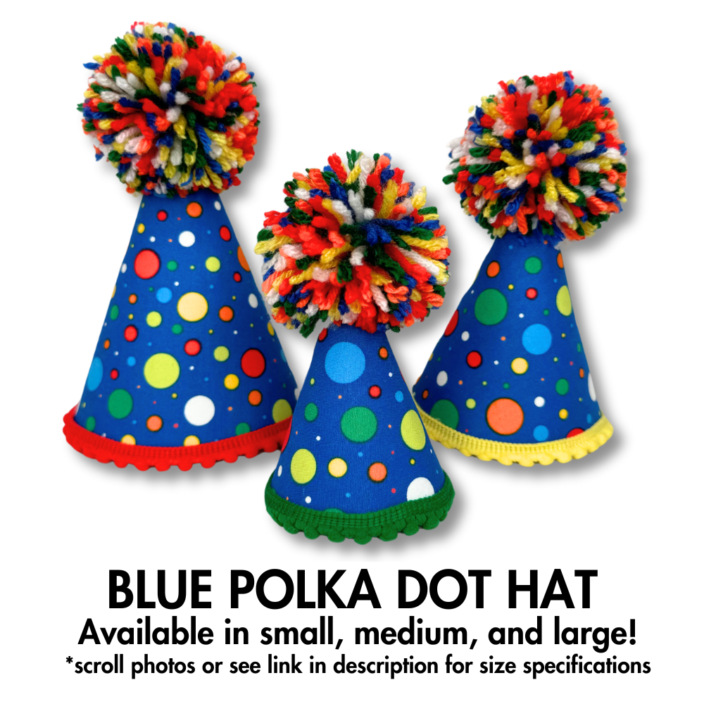 PREMIUM STURDY PARTY HATS FOR DOGS FEATURING 3 SIZES OF COLORFUL BLUE POLKA DOT HATS FOR ALL DOG BREEDS AND SIZES