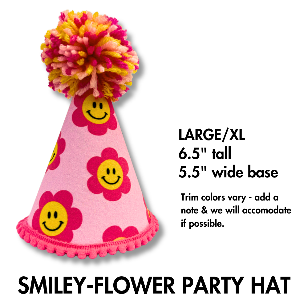 doggy birthday hat with pink and yellow flowers for large dog breeds 