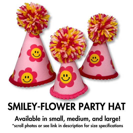pink and yellow cheerful doggy birthday hat shown in 3 sizes for all dog breeds