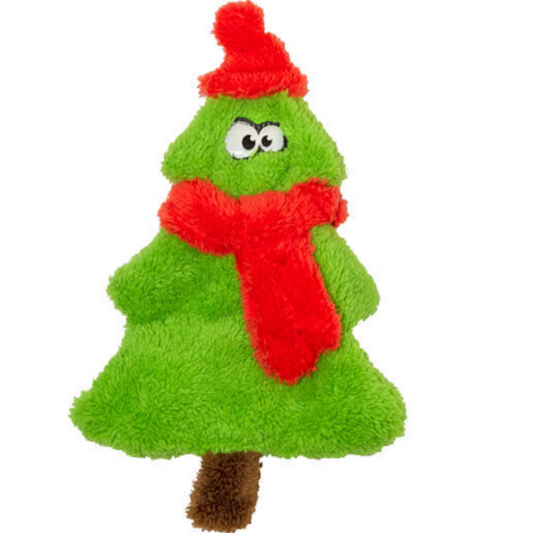 Plush unstuffed green christmas tree dog toy. It has eyes, a red hat, and a red scarf (and a brown trunk)