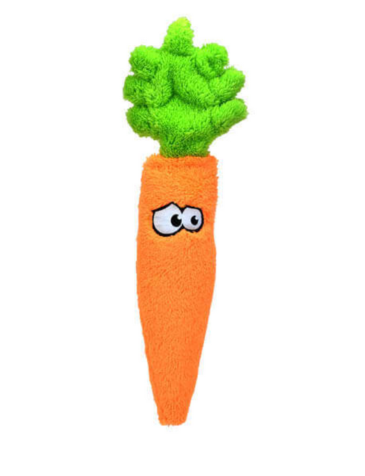 Plush carrot dog toy; orange with funny embroidered eyes and "greens" on the top.