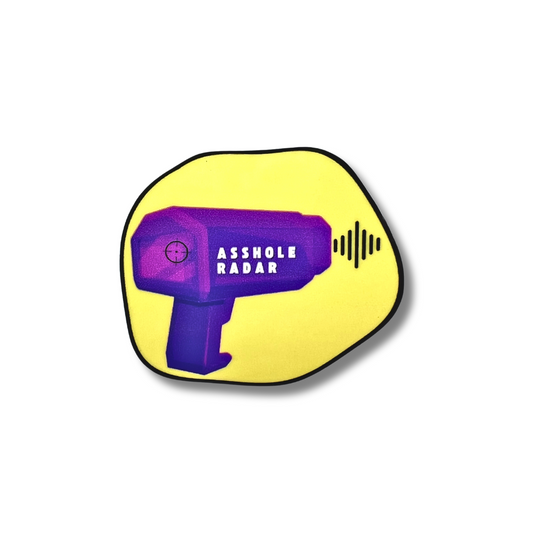 funny small sticker ....purple radar detector with words "a**hole radar" on yellow circular sticker