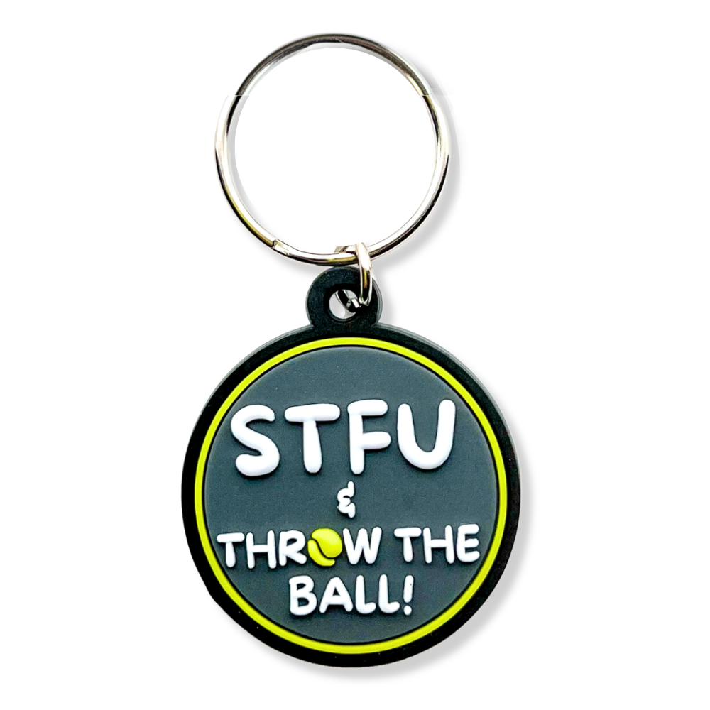 funny collar charm for dog who is obsessed with chasing balls. Gray and neon green circle with raised letters "STFU & throw the ball!"