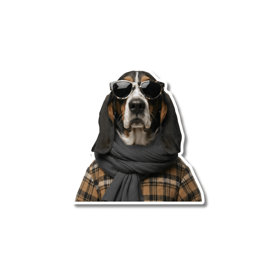basset hound sunglasses sticker; basset hound wearing dark sunglasses, gray scarf, and brown plaid coat on a white background