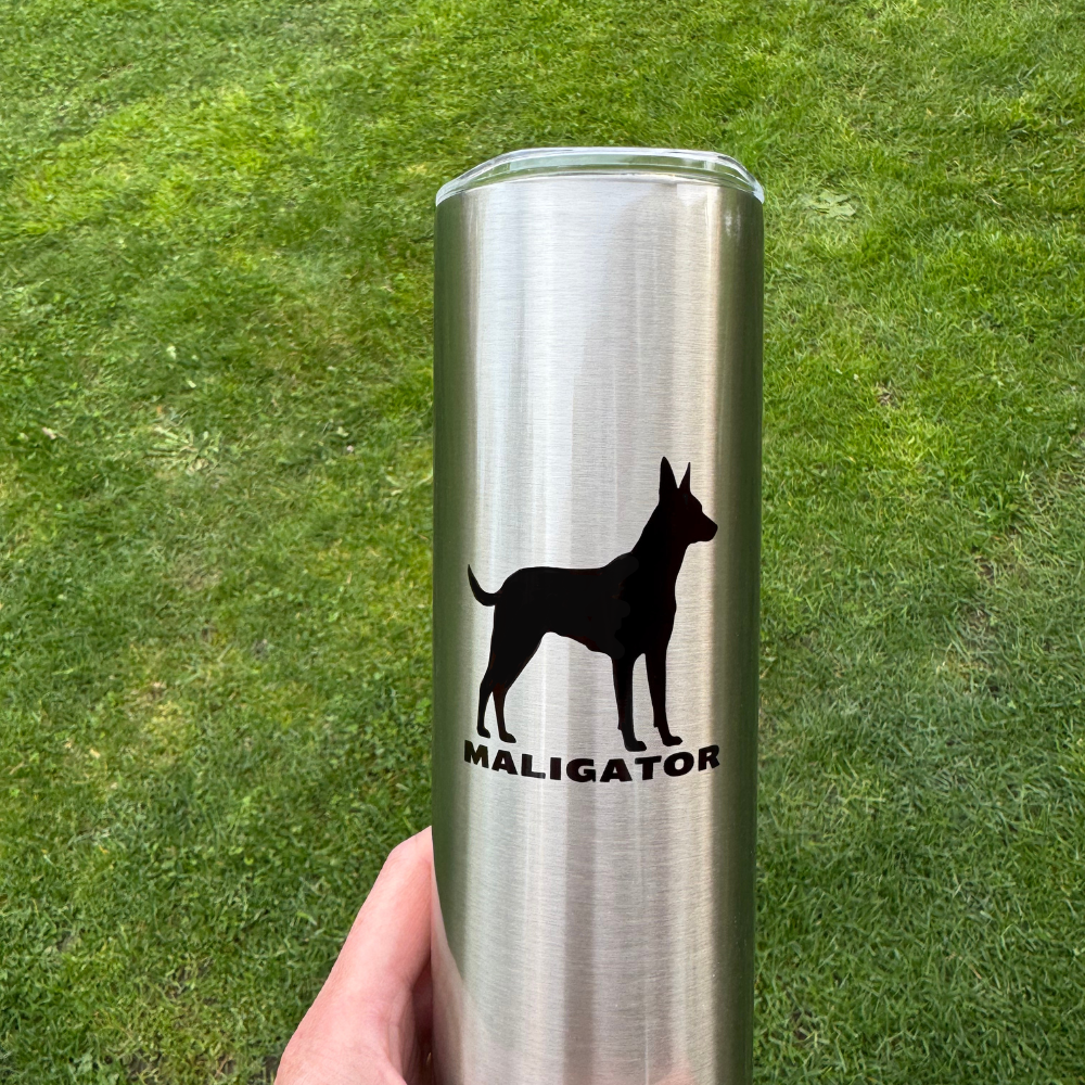 Belgian Malinois-themed stainless steel tumbler, perfect for dog lovers and K9 handlers.