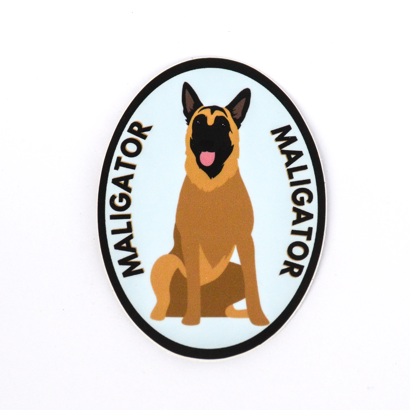 oval light blue sticker with cartoon Belgian Malinois "Maligator" sticker