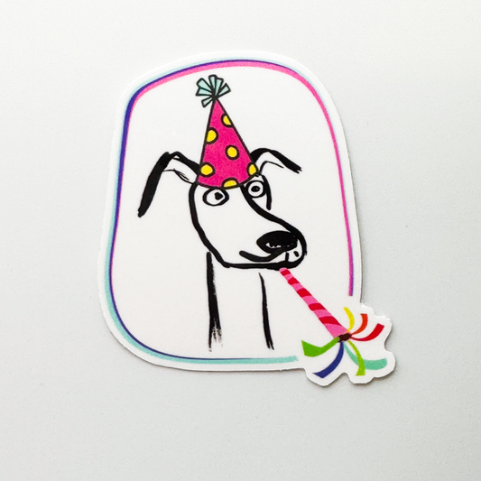 dog birthday party sticker. Cartoon dog with party hat and blower.