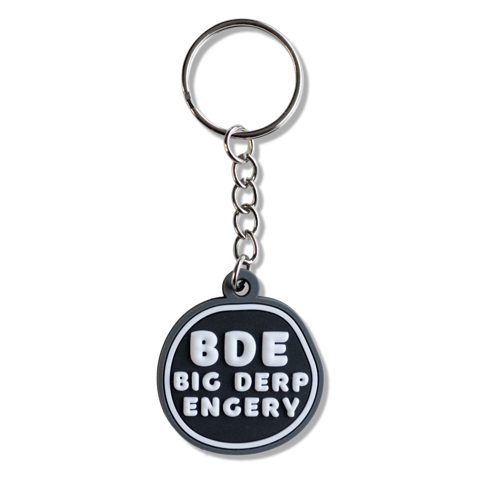 BDE Big Derp Energy Keychain - black, gray, and white irregular circle.