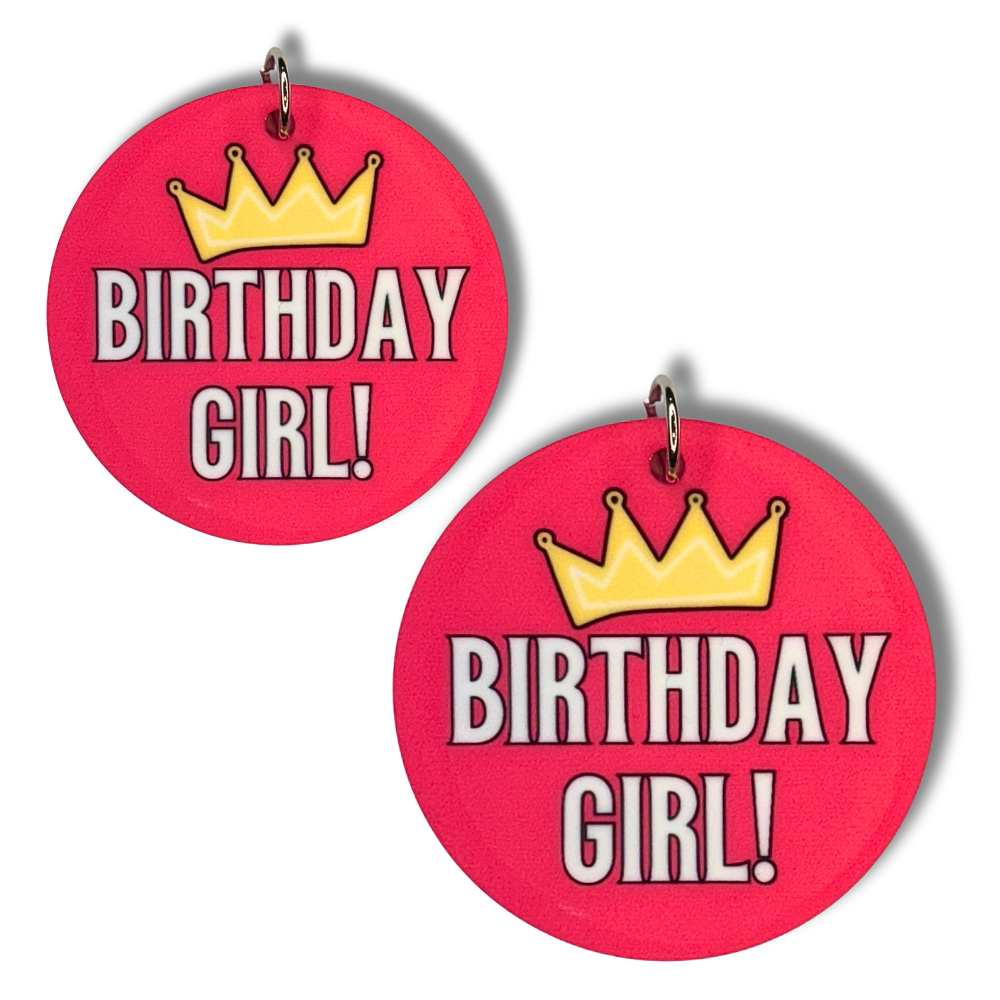 deep pink-red circles (two sizes, same design) of fun collar charms for dog birthday.  WordS: BIRTHDAY GIRL! with gold crown about. 