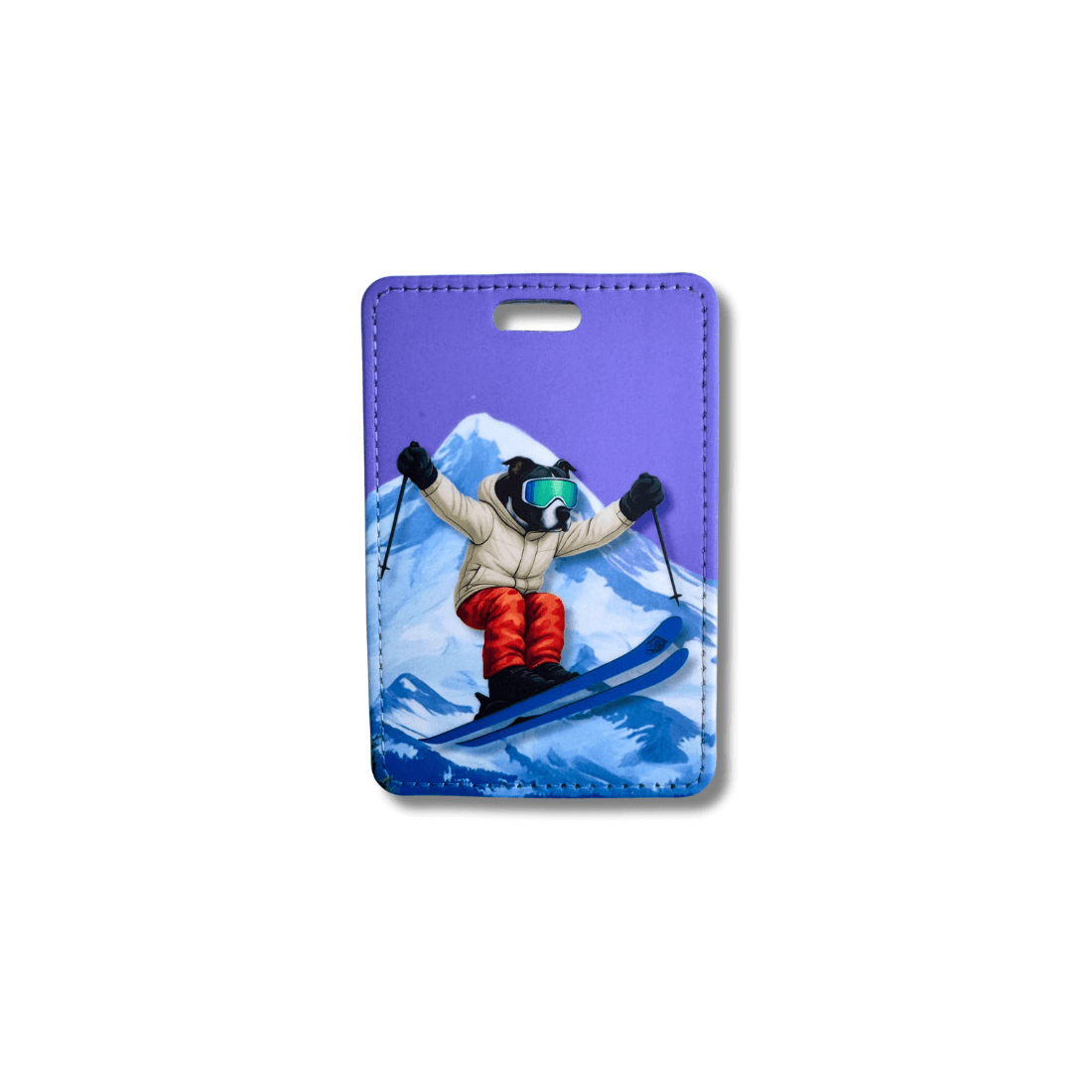 Black dog ski luggage tag with purple mountain scene and dog in goggles and ski jacket.
