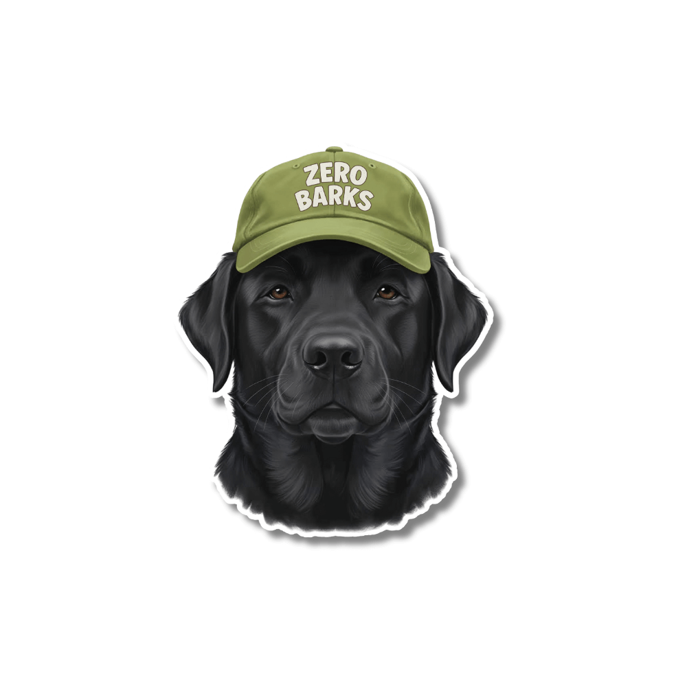 Black Labrador emotional support stickers: A stoic black lab wearing a green "Zero Barks" hat, centered on a clean background, matte vinyl texture.
