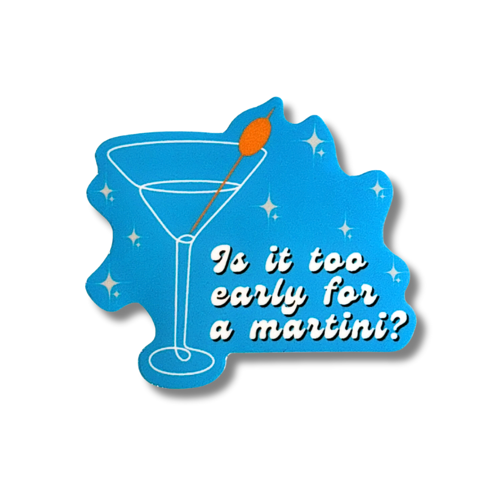 Blue retro cocktail sticker of a line art martini, white retro stars and words: Is it too early for a martini. Funny waterproof decal.