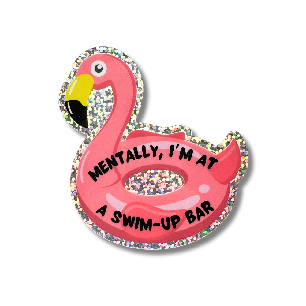 Glitter trimmed pink flamingo pool float sticker: Mentally, I'm at a swim-up bar. 3"