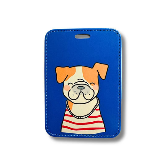 The cutest brown and white boxer dog luggage tag. Cartoon boxe ris wearing a red and white striped shirt and has a big smile with eyes closed. The background is royal blue.