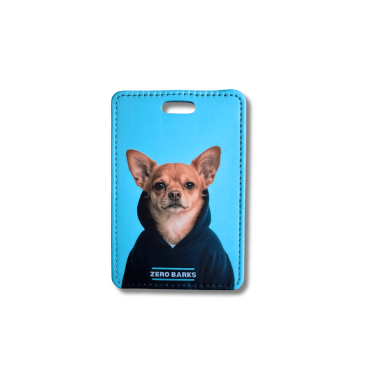 Chihuahua luggage tag with blue background and chihuahua in navy hoodie labeled Zero Barks.