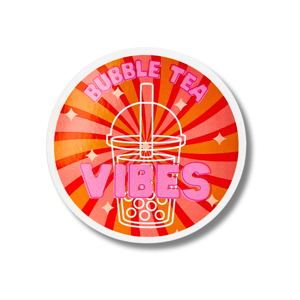 vibrant 3" round circle / orange and pink bubble tea sticker. Caption "Bubble Tea Vibes"