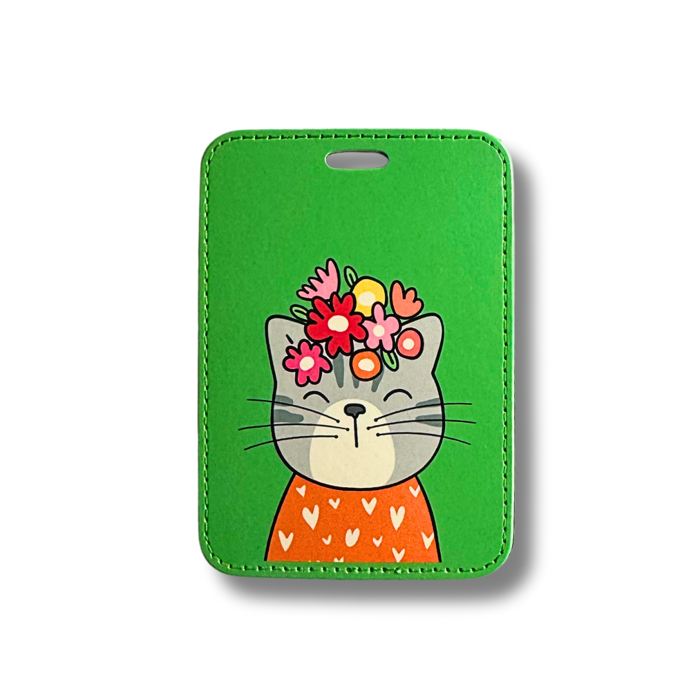 Cute cat luggage tag. Bright green background. Contemporary cat with flowers on head and wearing an orange shirt with modern hearts. 