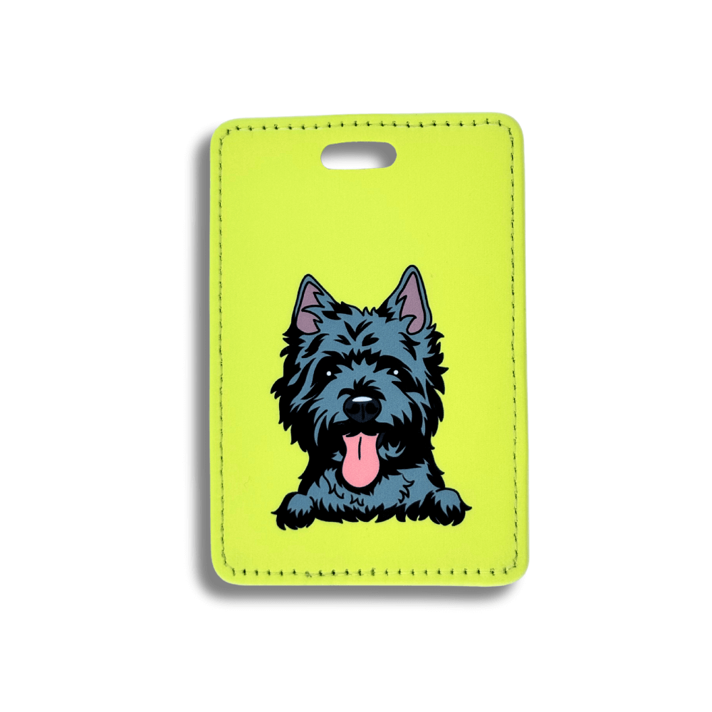 faux leather Cairn Terrier luggage tag with a bold yellow background. One-sided design with mesh pocket & ID card on the back.