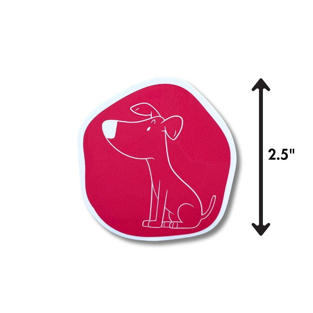 arrow showing the size of the cartoon dog decal. 