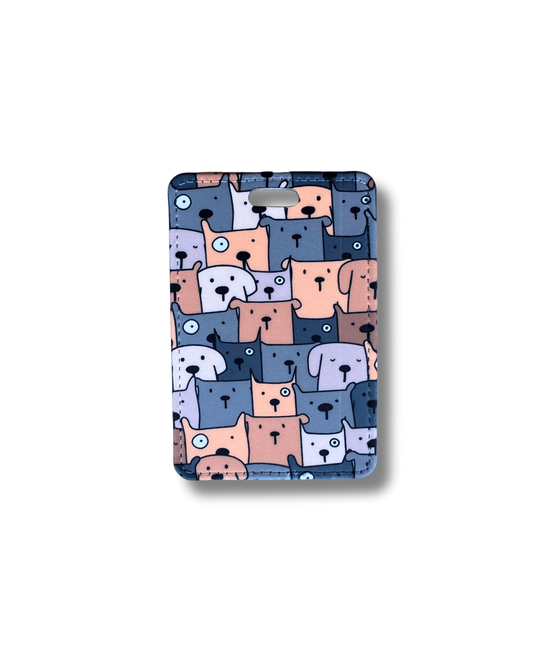 cartoon dogs luggage tag brown tones design; warm neutral illustrated dog faces on faux leather luggage tag
