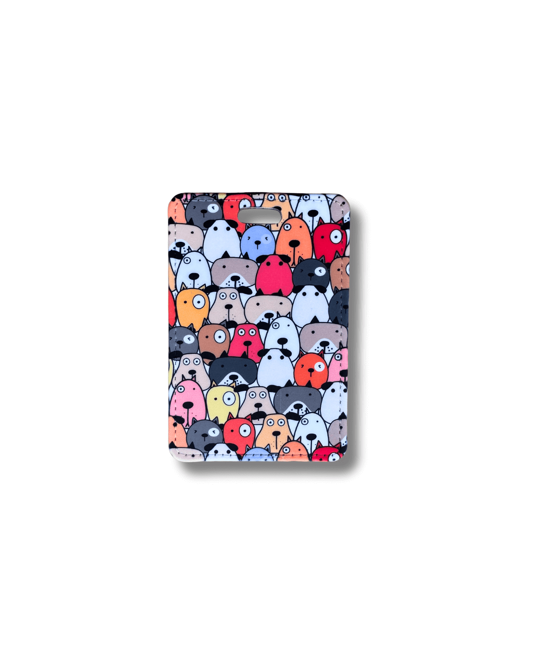 cartoon dogs luggage tag multicolor design; bright illustrated dog faces on faux leather luggage tag