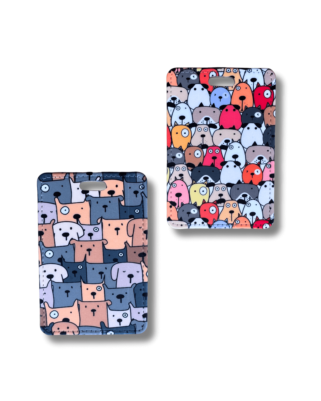 cartoon dogs luggage tags set; multicolor and brown tones dog-face patterns shown together on faux leather travel tags