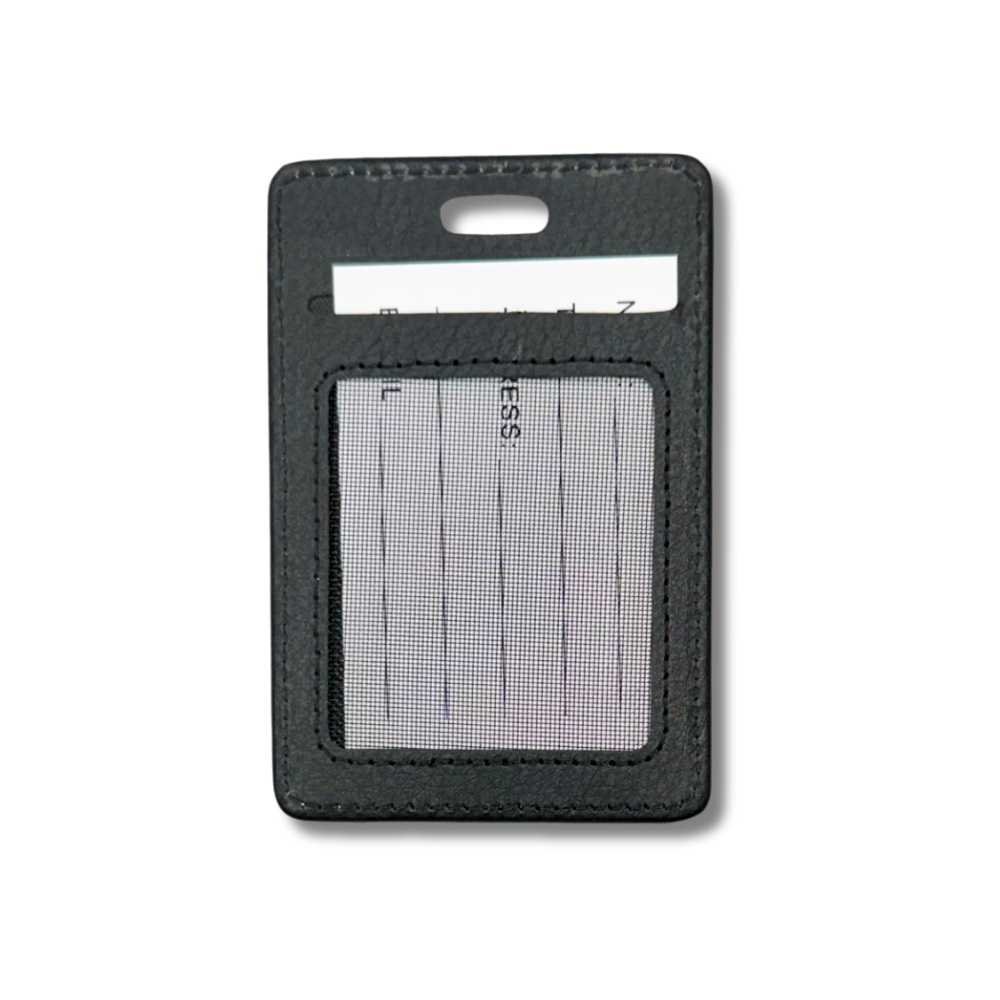 backside of faux leather tag that is black and shows a white ID card in a mesh pocket