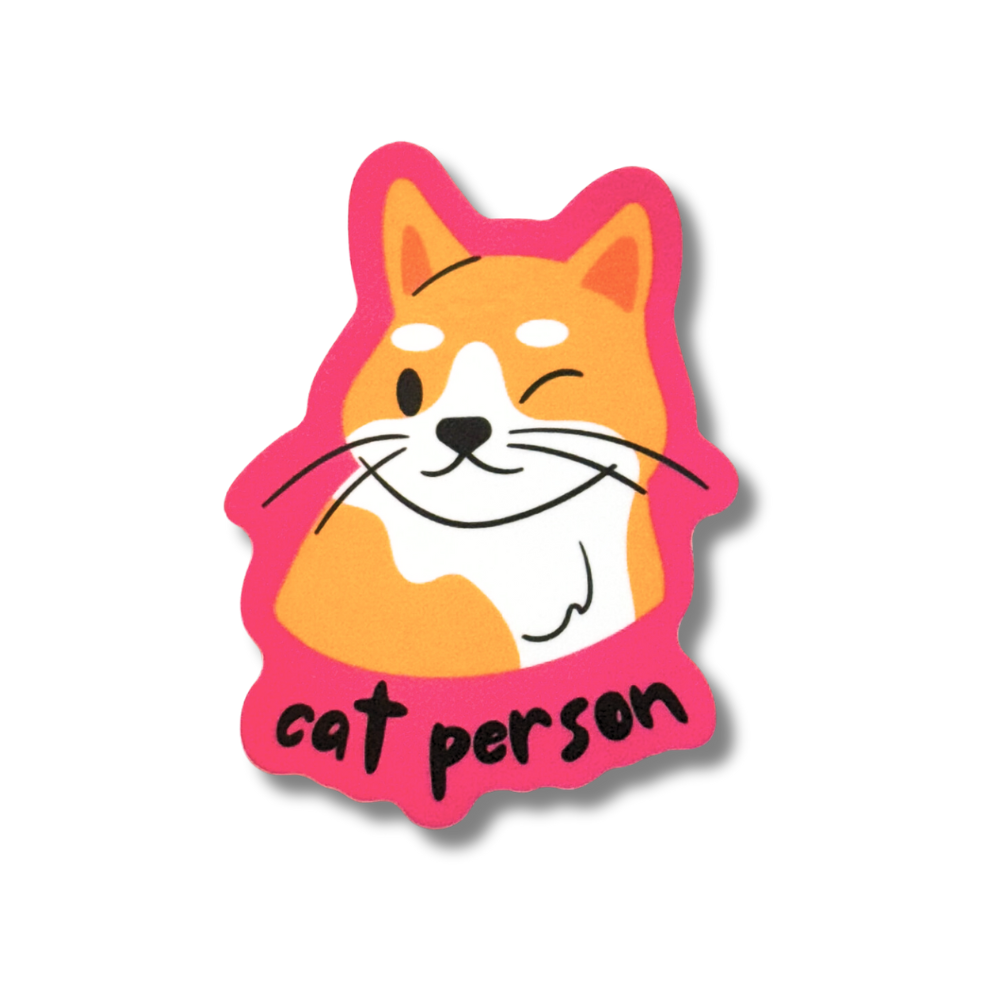 Pink cat sticker with orange cartoon kitten "cat person"