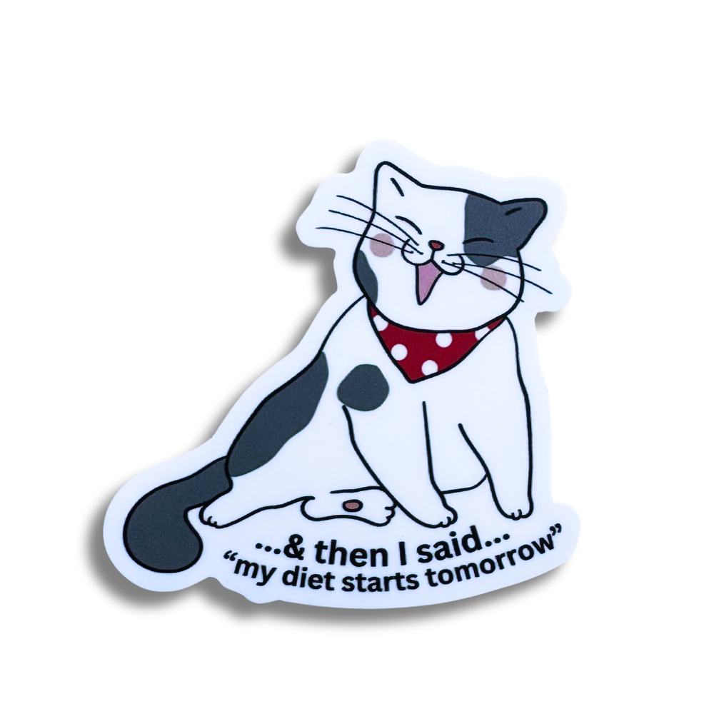 funny cat sticker - gray and white cat wearing red bandana. Cat is laughing and caption says "& then I said ... my diet starts tomorrow"