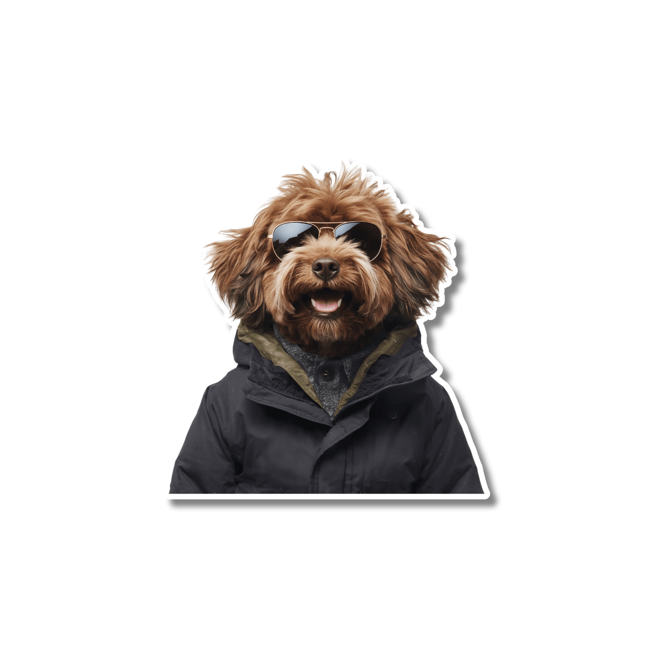 Cavapoo ski sticker; fluffy cavapoo dog in winter jacket and aviator sunglasses on white background, easy peel kiss-cut vinyl.
