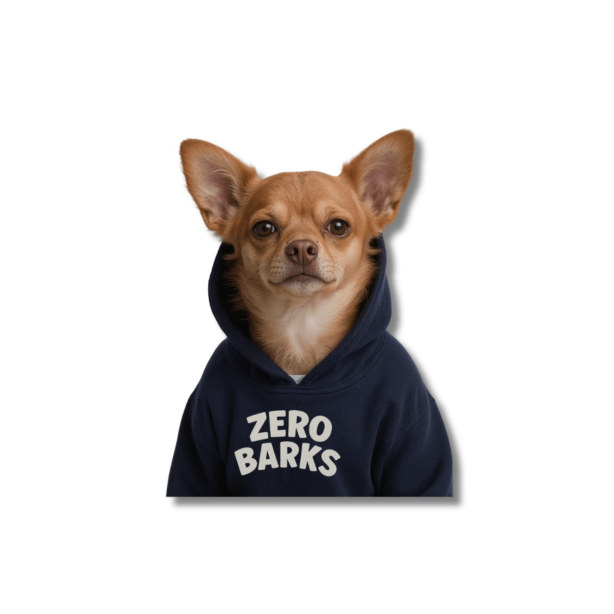 funny chihuahua sticker; brown dog in blue hoodie that reads "zero barks"